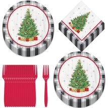 Vintage Christmas Tree Buffalo Plaid Holiday Party Paper Dinner Plates, Lunch Na - £13.61 GBP