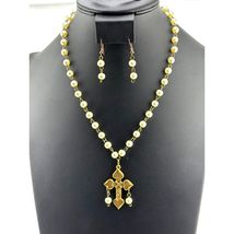 Native American Rosary Style Chain Pearl Beaded Cross Necklace Earrings Set - $100.19