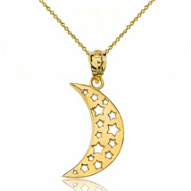 Solid 14k Yellow Gold Dreaming Moon Crescent Stars Pendant Necklace - £105.17 GBP+
