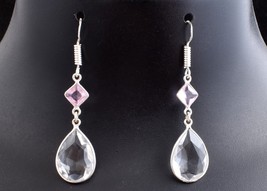 925 Sterling Silver Handmade White Quartz Gems Women Dangle Drop Earrings Gift - £32.69 GBP+