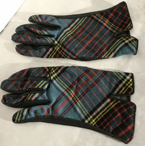Vintage Red, Blue Tartan Black Leather Gloves Size 7 Made In Great Britain - £19.07 GBP