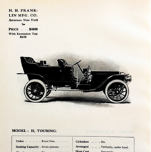 1908 H.H. Franklin Model H Touring Print Catalog Advertisement Automobil... - $29.99