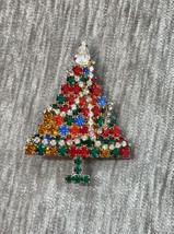 Vintage Christmas Tree Brooch Pin Rhinestone Gold Tone Signed OTC Garlan... - $39.59