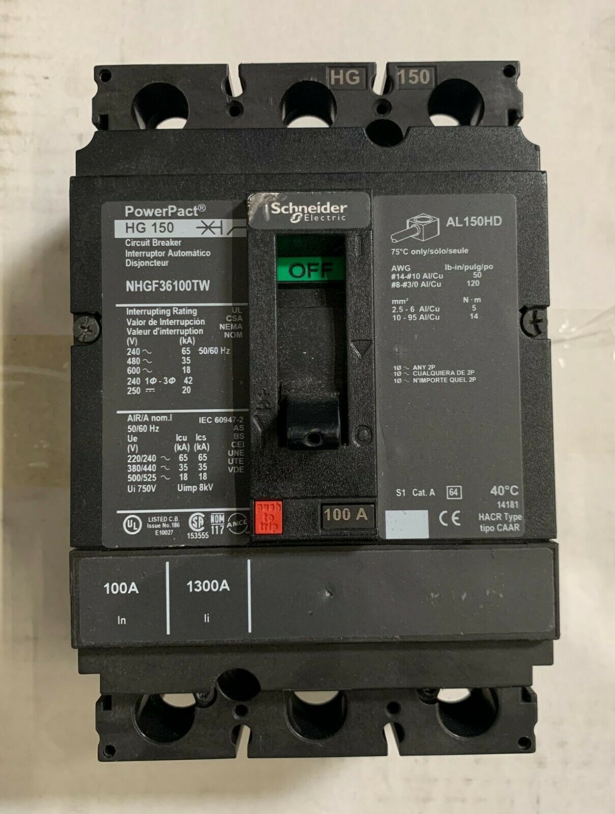Schneider Electric PowerPact HG 150 Circuit Breaker NHGF36100TW Circuit ... - $366.30