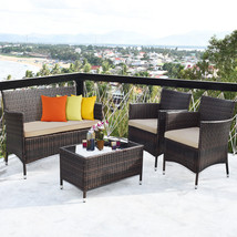 4 Pieces Rattan Patio Furniture Set Cushioned Sofa Chair Coffee Table for Garden - £238.20 GBP