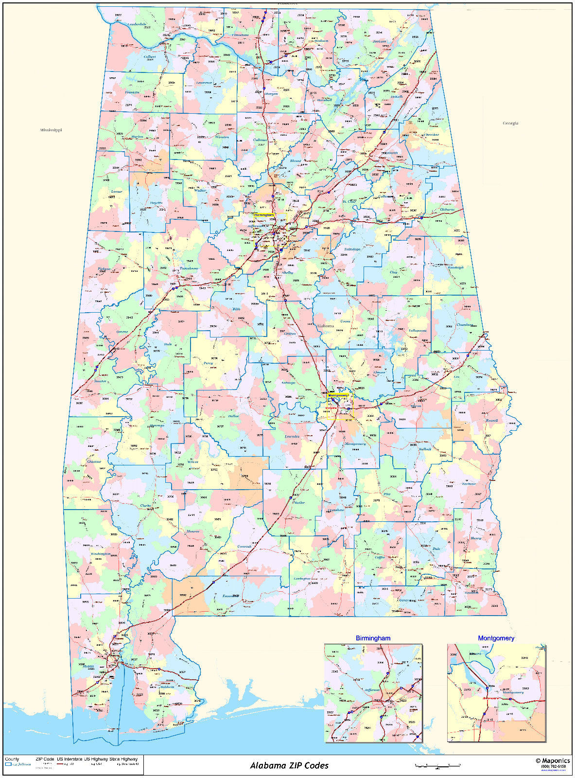 Alabama State Zipcode Laminated Wall Map US
