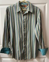 Nyne Button Up Shirt Mens Xtra Large Contrasting Fabric Cuffs Striped Blue Green - £11.70 GBP