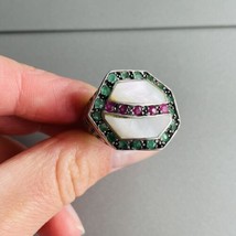 Vintage Estate Emerald Ruby 925 Sterling Silver Geometric Modernist Ring - £75.25 GBP
