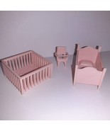 Plastic Doll House Furniture PINK Nursery Crib Playpen High Chair/Potty ... - £9.49 GBP