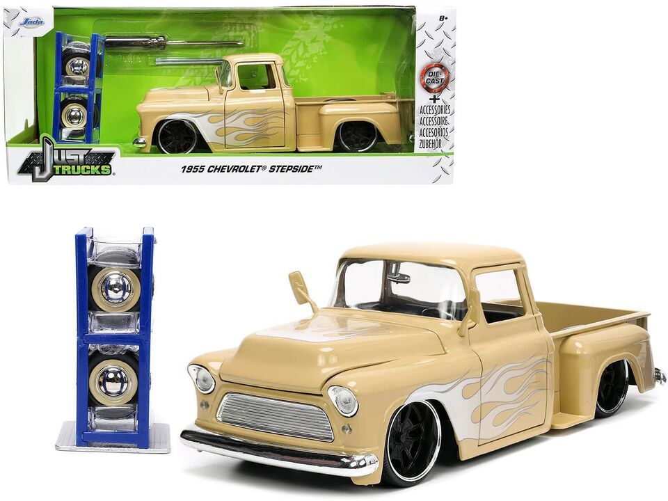 1955 Chevrolet Stepside Pickup Truck Tan with White and Silver Flames with Extr - $50.59