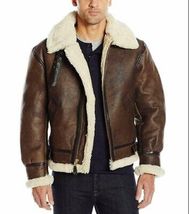 Men&#39;s B3 Aviator Pilot Fur Shearling Bomber BROWN Leather Jacket/coat - £157.37 GBP