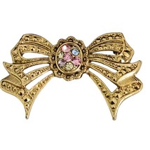 1928 Collection Vintage Pastel Rhinestone Gold Tone Bow Brooch Pin - $12.86