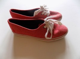 Women&#39;s Size 5.5 5 1/2 Nautica Red White Striped Canvas Lace Up Sneakers Shoes - £23.54 GBP