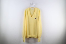 Vintage 70s Izod Mens 2XL Distressed Spell Out Knit V-Neck Sweater Yellow USA - £31.61 GBP