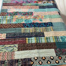 Handmade Batik Quilt, Blue purple teapots stripes floral grapes  47 x 63... - $64.34