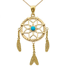 10k Solid Yellow Gold Turquoise Flower Dream Catcher Pendant Necklace - $327.44+