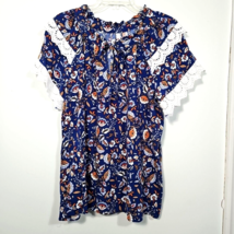 NY Collection Royal Blue Ruffle Tie Neck Blouse XL Paisley Eyelet Lace Sleeve - £11.60 GBP