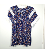 NY Collection Royal Blue Ruffle Tie Neck Blouse XL Paisley Eyelet Lace S... - £11.38 GBP