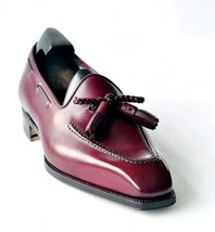 Handmade Men&#39;s Burgundy Tassel Loafer  Narrow Toe Original Leather Loafer Shoes - £99.56 GBP