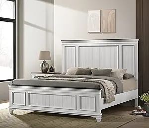 Roundhill Furniture Clelane Shiplap Wood Panel Bed, King, Weathered Whit... - $1,698.99