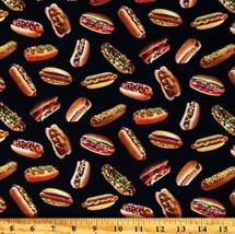 Cotton Hotdogs Picnic Cookout Favorite Foods Black Fabric Print by Yard D571.98 - £10.62 GBP