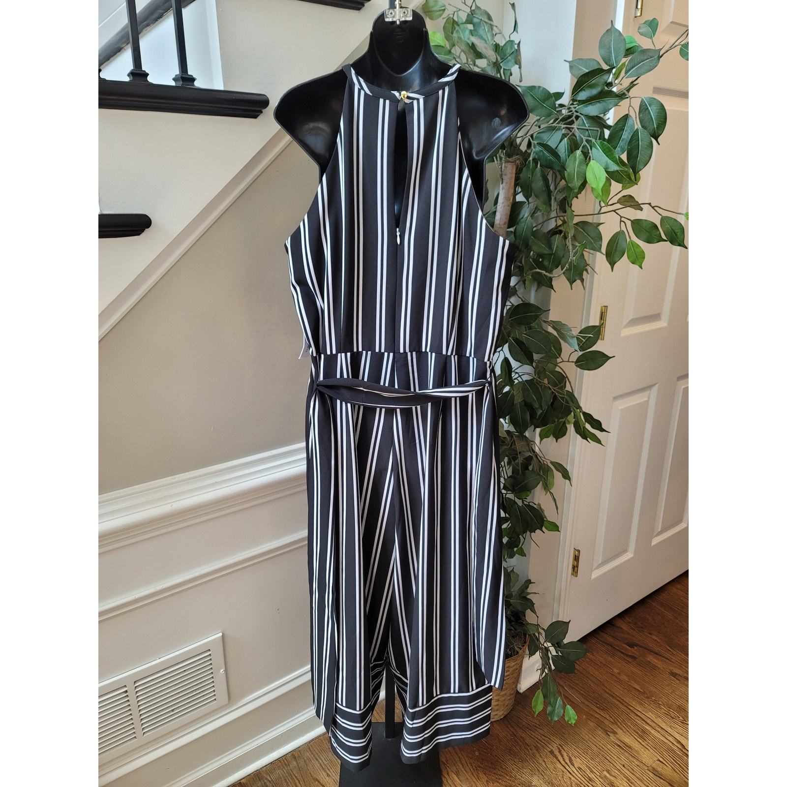 Emma Michele Romper Women Size 16 Black White Striped Belted Midi Sleeveless Item image 8