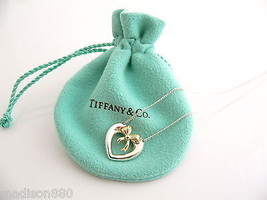 Tiffany &amp; Co Silver 18K Gold Heart Ribbon Bow Necklace Pendant Charm 18 In Long - £217.47 GBP