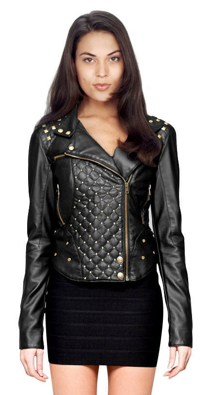 Made To Order Black Biker Quilted Genuine Leather Gold Studded Handmade Jacket