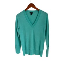 J.CREW Merino Wool V-Neck Sweater Aqua Green High Ribbed Sleeves Size Med - $24.74