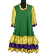 VTG Mardi Gras Green Yellow Purple Ethnic Style Ruffle Layered Dress Han... - $71.41 CAD