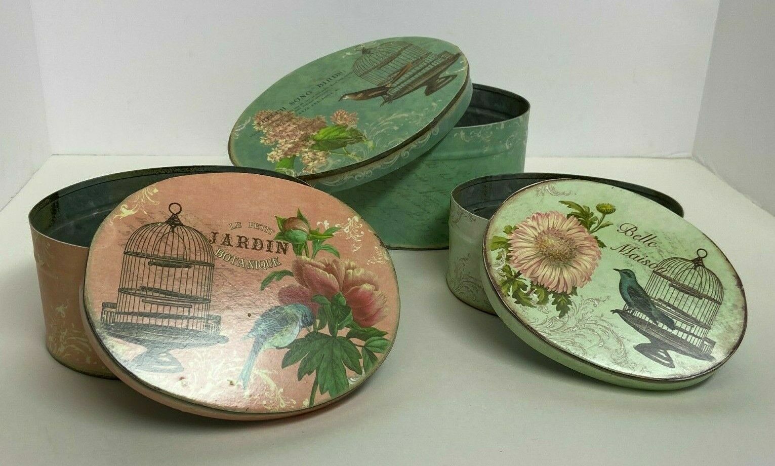 3 TINS 'FRENCH SONG BIRDS' OVAL SHAPED METAL, STACK, 7.5x6x4" HOME DECOR DNR - $12.55