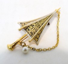 Vintage Damascene Spain Umbrella Brooch Pin Gold Tone 2.25&quot; - £13.66 GBP
