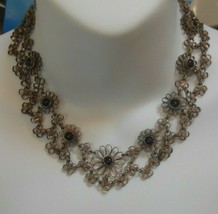 Vintage Openwork Filigree Floral Link Black Stone Collar necklace - $64.35