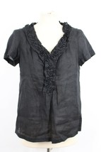 Talbots 8P Black 100% Linen Short Sleeve Ruffle Front Popover Top Shirt - £22.35 GBP
