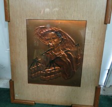 Vintage Pressed Copper Framed Picture Of Asian Man 19&quot;W x 22&quot;L Signed Marko - £35.88 GBP