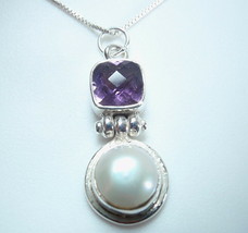 Faceted Amethyst Marquise &amp; Cultured Pearl 925 Sterling Silver Necklace - £13.73 GBP