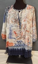 Chicos Top Large Sz 2 Paisley Print Knit Pullover Boho Lace Sleeves Crochet Hem - £15.92 GBP