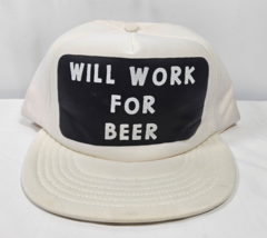 Vintage Will Work For Beer White Hat Cap Adjust-A-Tab Funny Joke Gift - £23.68 GBP