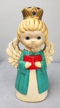 Homco Chalkware Singing Angel Taper Candle Holder 7” Gold Crown Teal Rob... - $8.99