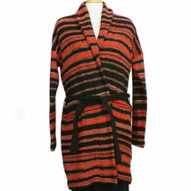 RALPH LAUREN Black Red Variegated Stripe Wool Blend Long Belted Cardigan L - £102.21 GBP