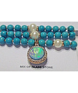 Bracelet Beaded Turquoise Blue Glass &amp; Stone Beads 3 Strand - £8.63 GBP