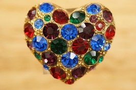 VINTAGE Costume Jewelry Multi Color Rhinestone Heart Gold Tone Metal Bro... - £16.61 GBP