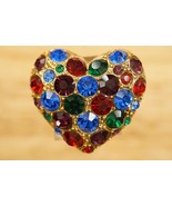 VINTAGE Costume Jewelry Multi Color Rhinestone Heart Gold Tone Metal Bro... - £16.49 GBP