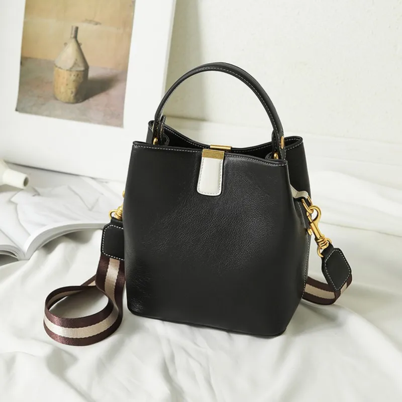 Cowhide Bucket Bag Lady Messenger Bag Round Women High Quality Stylish Handbag &amp; - £78.65 GBP