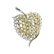 White Yellow Rhinestone Leaf Brooch Pin Unbranded Estate Vintage  - £19.64 GBP