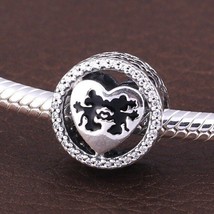 925 Sterling Silver Disney Mickey &amp; Minnie Love with Clear CZ Button Charm  - $18.80