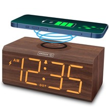 Alarm Clock With Wireless Charging - Wooden Digital Clock For Bedroom Ni... - £33.57 GBP