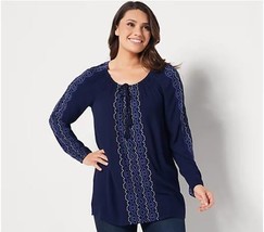 Susan Graver Embroidered Crinkled Gauze Peasant Tunic (Navy/Blue, S) A399668 - $19.91