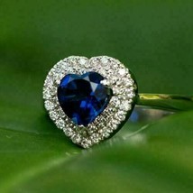 14k White Gold Plated 3 Ct Heart Simulated Sapphire Engagement Double Halo Ring - £71.99 GBP