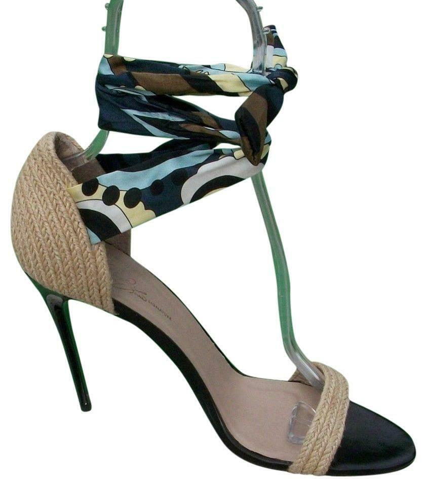 Donald Pliner Couture Silk Fabric Ankle Tie Raffia Trim Shoe New Stiletto $315